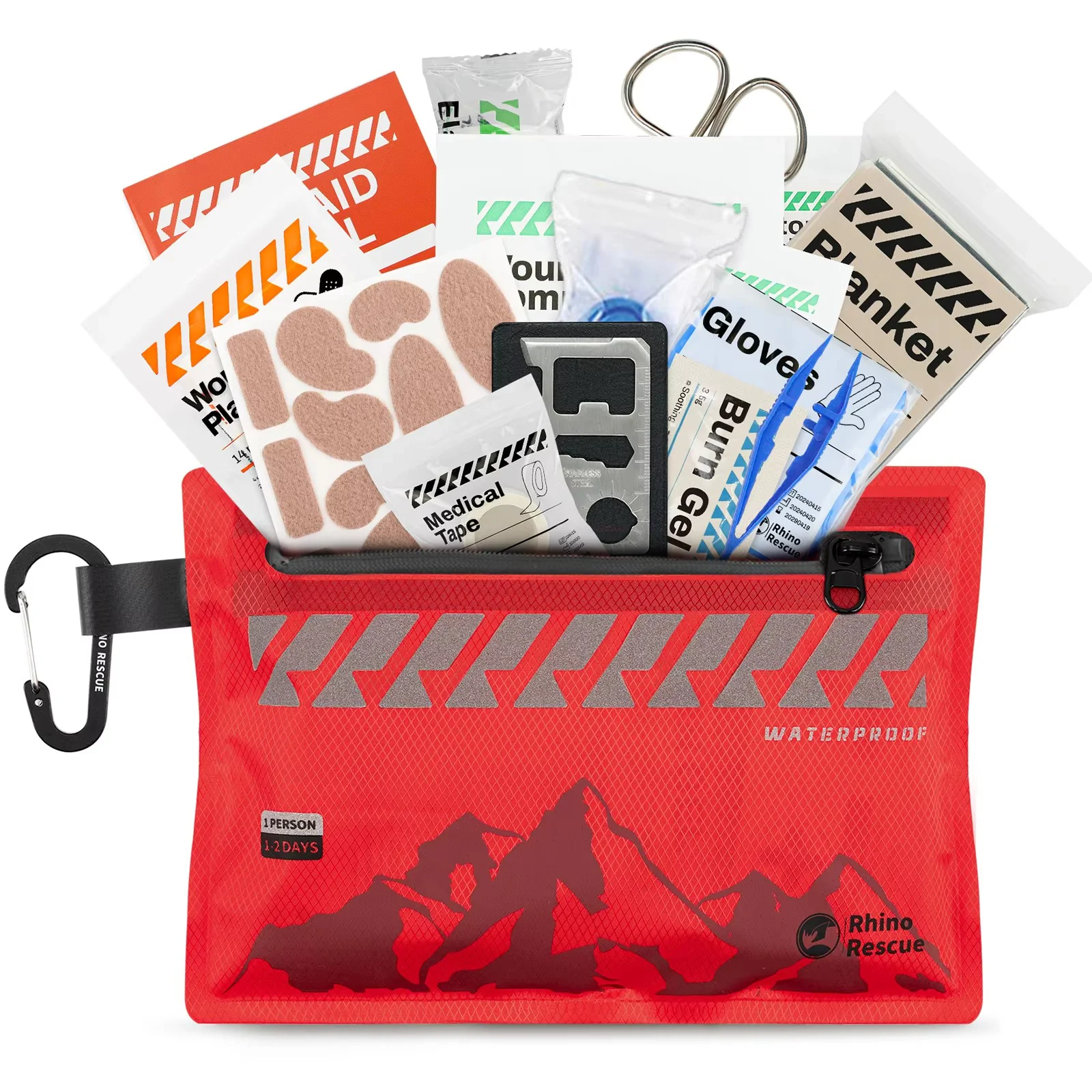 Compact waterproof first aid kit featuring 107 essential emergency supplies packed in a lightweight, durable red pouch with carabiner attachment. Designed for camping, hiking, backpacking, trekking, cycling, travel, fishing, hunting, and outdoor adventure
