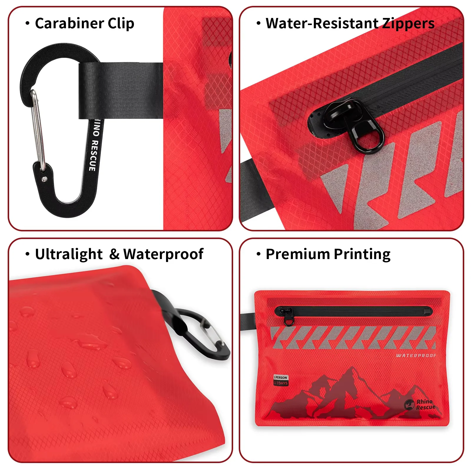 Compact waterproof first aid kit featuring 107 essential emergency supplies packed in a lightweight, durable red pouch with carabiner attachment. Designed for camping, hiking, backpacking, trekking, cycling, travel, fishing, hunting, and outdoor adventure