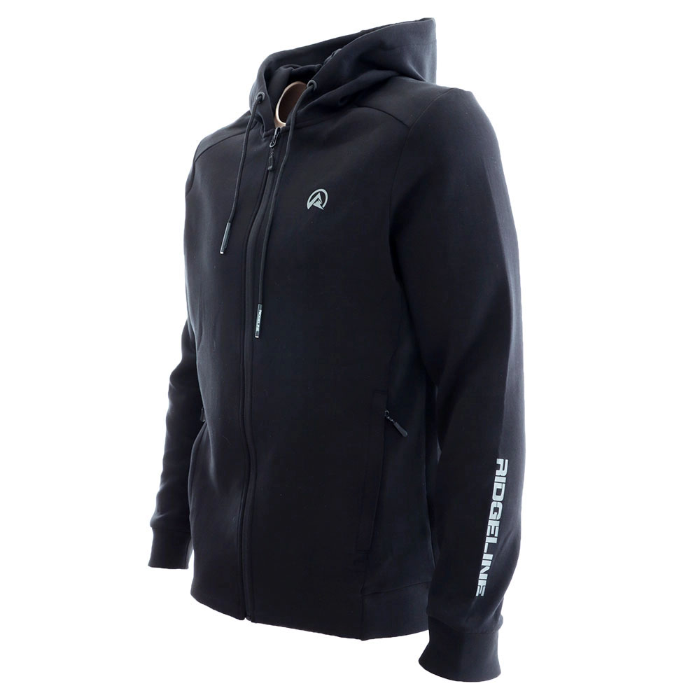 Ridgeline bonded technical mens black hoodie with full zip front and drawstring hood