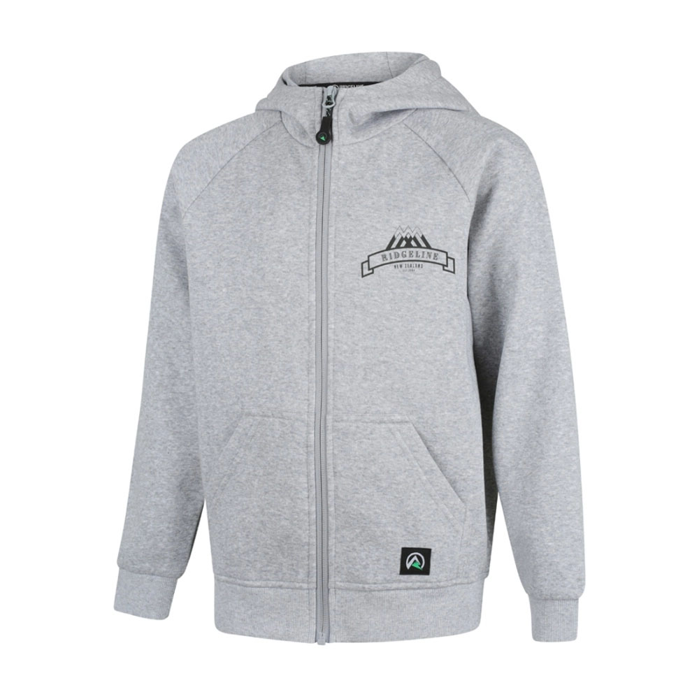 Ridgeline Impact recycled fleece kids zip hoodie in grey with full zip front and hood