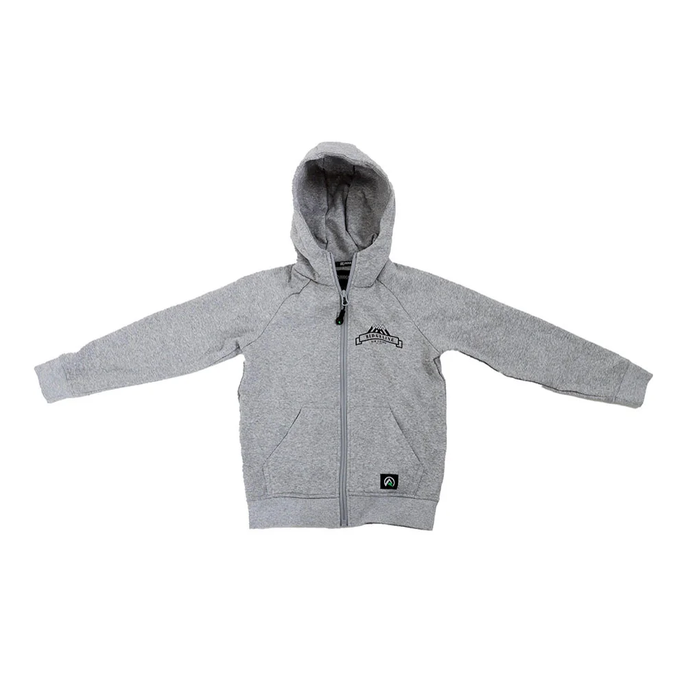 Ridgeline Impact recycled fleece kids zip hoodie laid flat showing long sleeves hood and front pockets