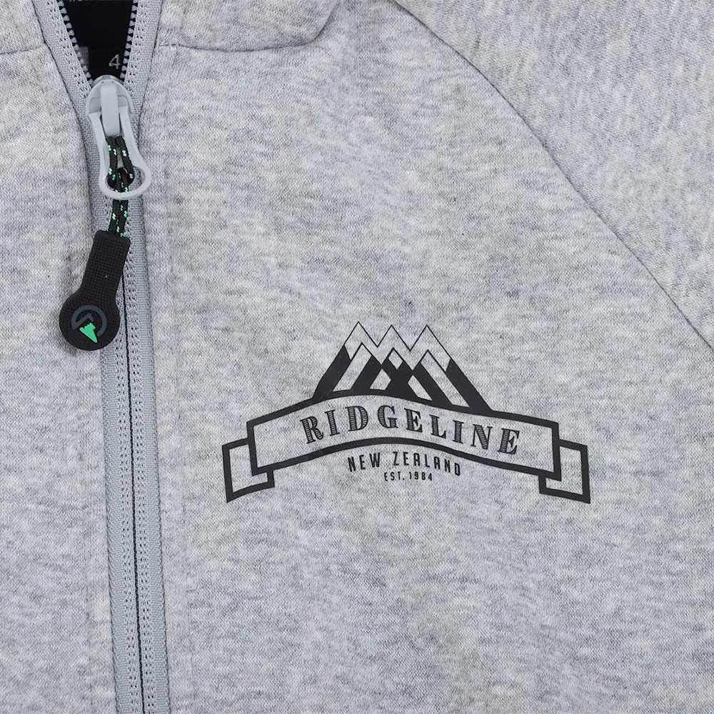 Ridgeline Impact recycled fleece kids zip hoodie in grey with full zip front and hood