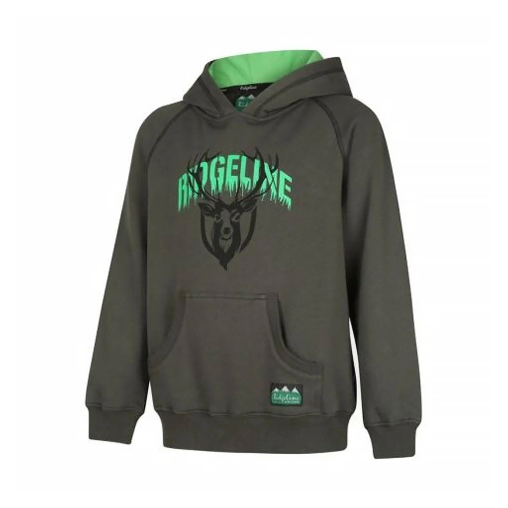 Ridgeline Spooky kids fleece hoodie in forest green with stag graphic and front kangaroo pocket