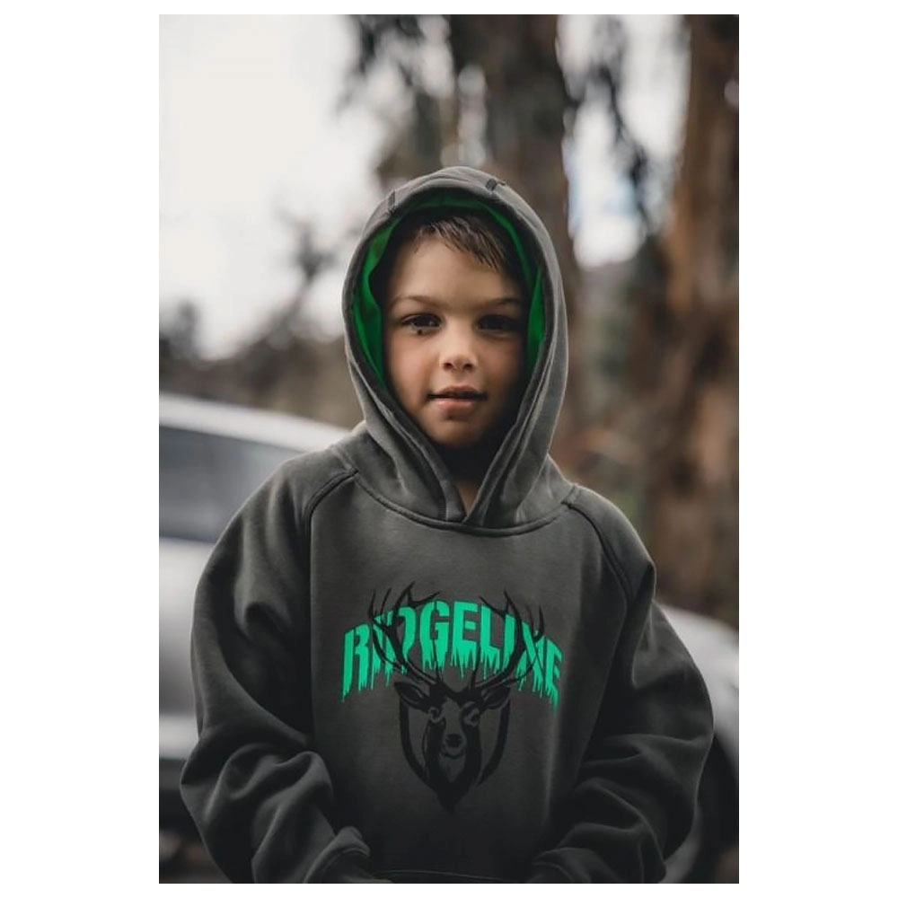 Ridgeline Spooky kids fleece hoodie in forest green with stag graphic and front kangaroo pocket