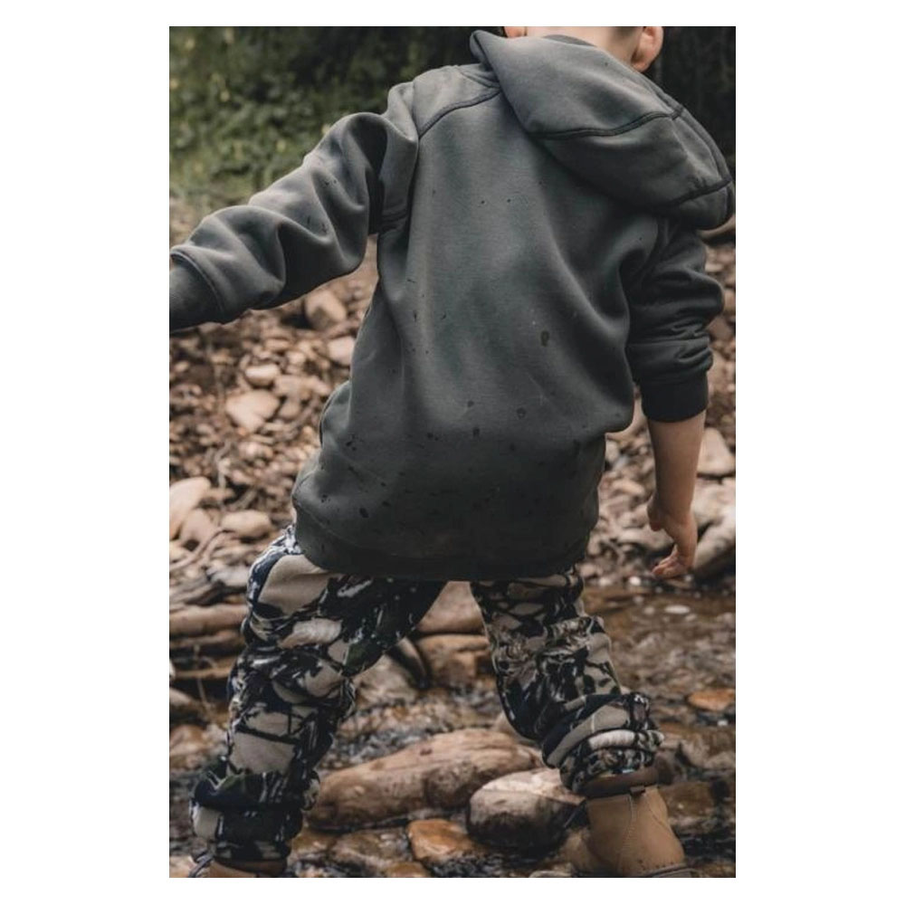 Ridgeline Spooky kids fleece hoodie in forest green with stag graphic and front kangaroo pocket