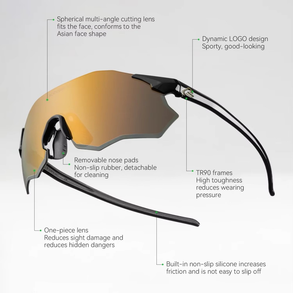 ROCKBROS cycling sunglasses showing TR90 frame, non-slip nose pads, wraparound lens and ergonomic fit for comfort and stability