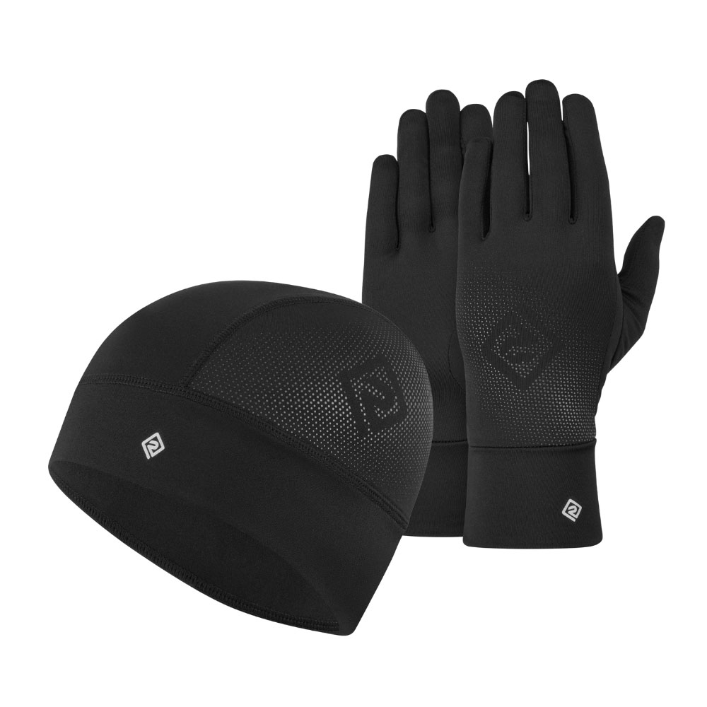Black thermal running beanie and lightweight gloves set for winter running jogging cycling and outdoor sports in cold weather conditions