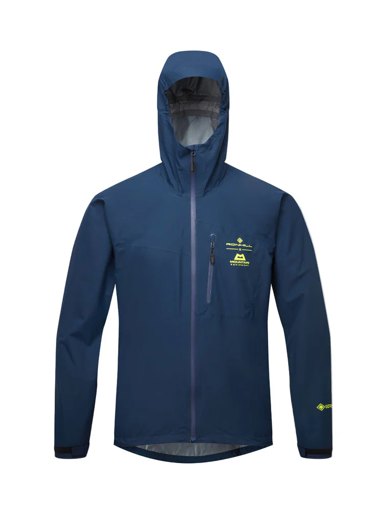 Blue Ronhill men’s GORE-TEX Mercurial waterproof running jacket with hood lightweight breathable shell for trail running and wet weather training