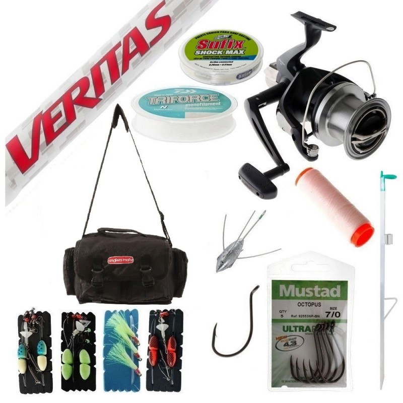Shimano Beastmaster 14000 surfcasting fishing combo package with Veritas surf rod, tackle bag, hooks, traces and surf fishing accessories