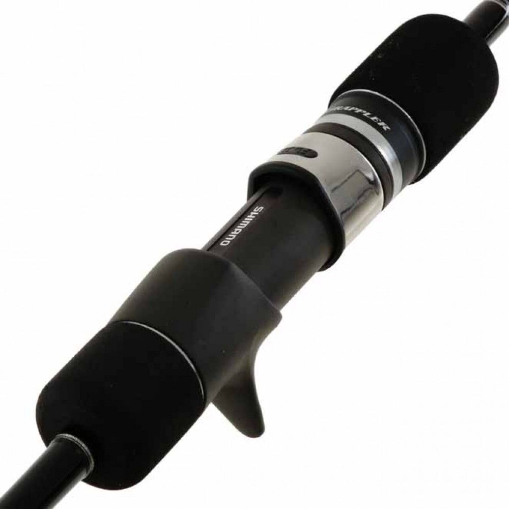 Shimano Grappler Type J Reel Seat Design Shimano Grappler rod handle with Fuji reel seat, ergonomic grip, and silver accent.