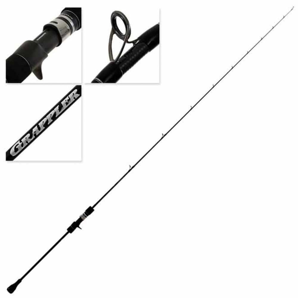 Shimano Grappler Type J B683 – Key Features Montage Shimano Grappler rod with detailed views of the grip, guides, branding, and full-length structure.