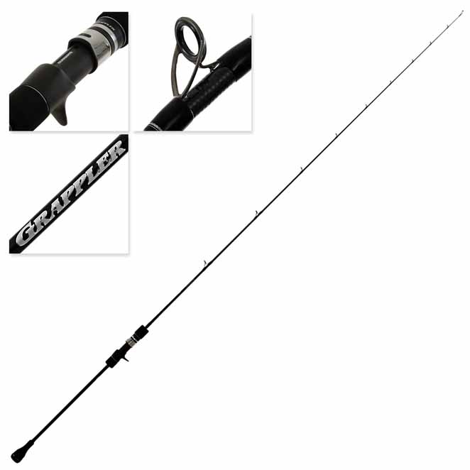 Shimano Grappler rod with detailed views of the grip, guides, branding, and full-length structure.
