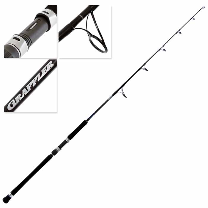 Composite image of Shimano S538 jig rod showing full rod and close-ups of reel seat, guide, and branding.