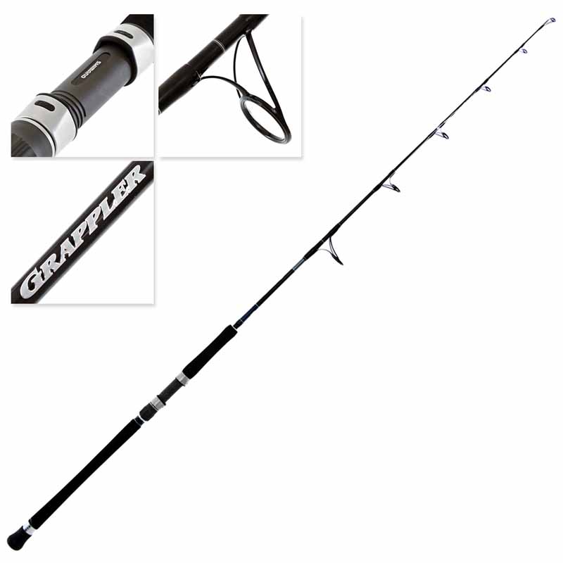 Composite image showing full Shimano Grappler S566 rod and close-ups of reel seat, guide, and branding.