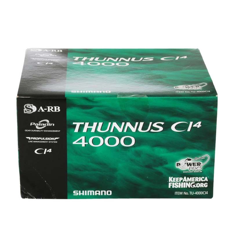 Close-up of Shimano Thunnus CI4 4000 fishing reel featuring ergonomic handle and smooth finish.