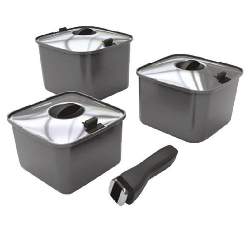 Smartspace 3 piece stackable camping pot set with detachable handle and stainless steel lids for caravan cooking