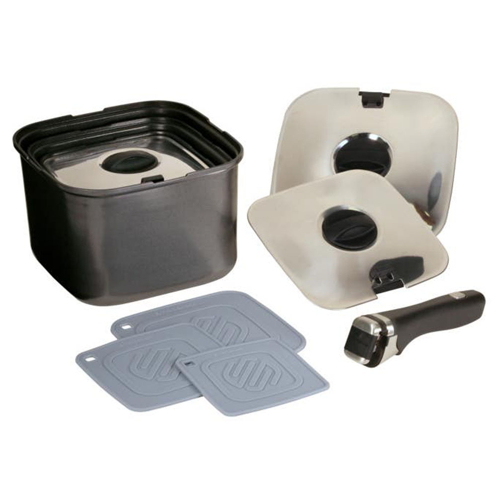 Smartspace 3 piece stackable camping pot set with detachable handle and stainless steel lids for caravan cooking