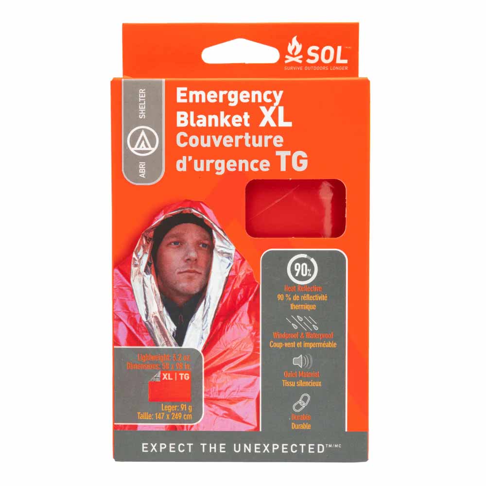 SOL Emergency Blanket XL – Retail Packaging Front View SOL Emergency Blanket XL in orange packaging showing heat retention and waterproof features