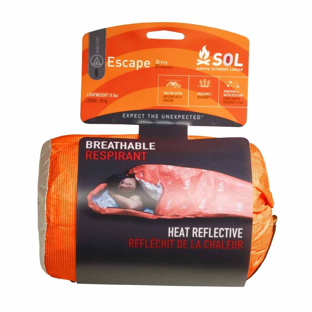 SOL Escape Bivvy in Orange – Retail Packaging High-visibility orange SOL Escape Bivvy for emergency and backpacking use