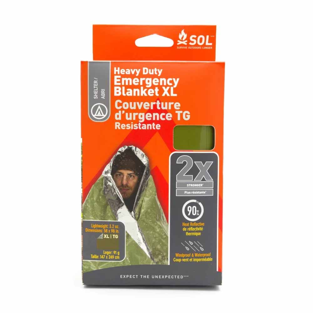 SOL Heavy Duty Blanket Packaging – Front View Front of SOL Emergency Blanket retail package showing 2X strength and heat reflection
