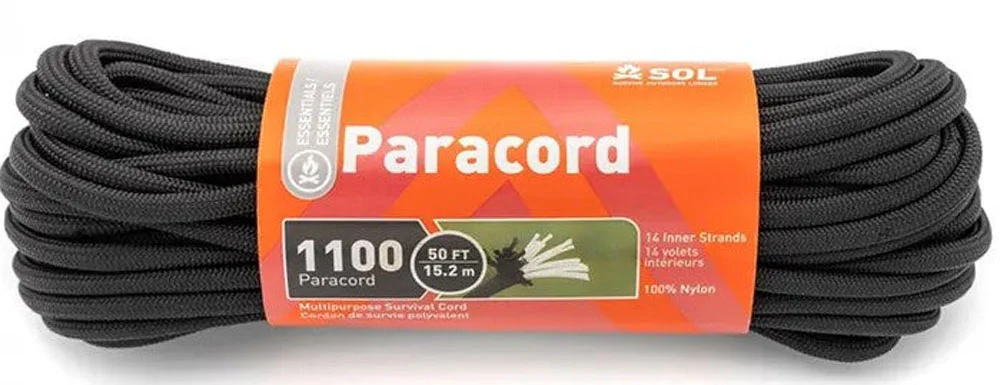 SOL 1100 black paracord survival cord measuring 15.2m with durable nylon construction designed for camping, survival, hiking and outdoor utility use