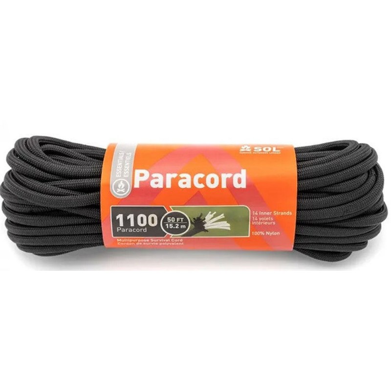 SOL 1100 black paracord survival cord measuring 15.2m with durable nylon construction designed for camping, survival, hiking and outdoor utility use