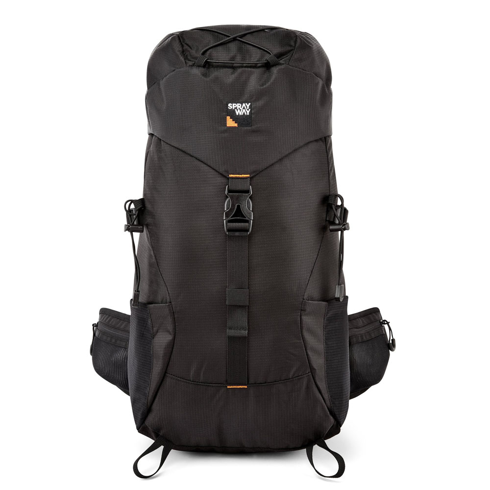 Front view of the Sprayway Akka 30L backpack in black, showing streamlined design and central buckle closure.