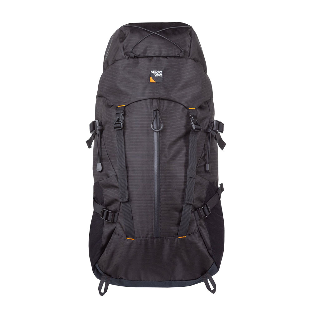 Front view of the black Sprayway Akka 45L backpack featuring dual compression straps, bungee cord system, and top lid storage.