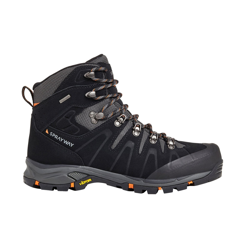 Black high-cut waterproof hiking boot with reinforced eyelets, mesh panels, and Vibram sole for rugged trail performance and ankle support