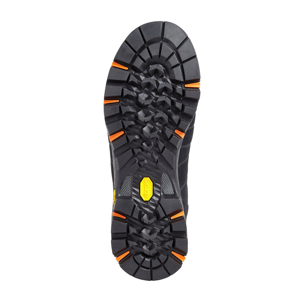 Black high-cut waterproof hiking boot with reinforced eyelets, mesh panels, and Vibram sole for rugged trail performance and ankle support