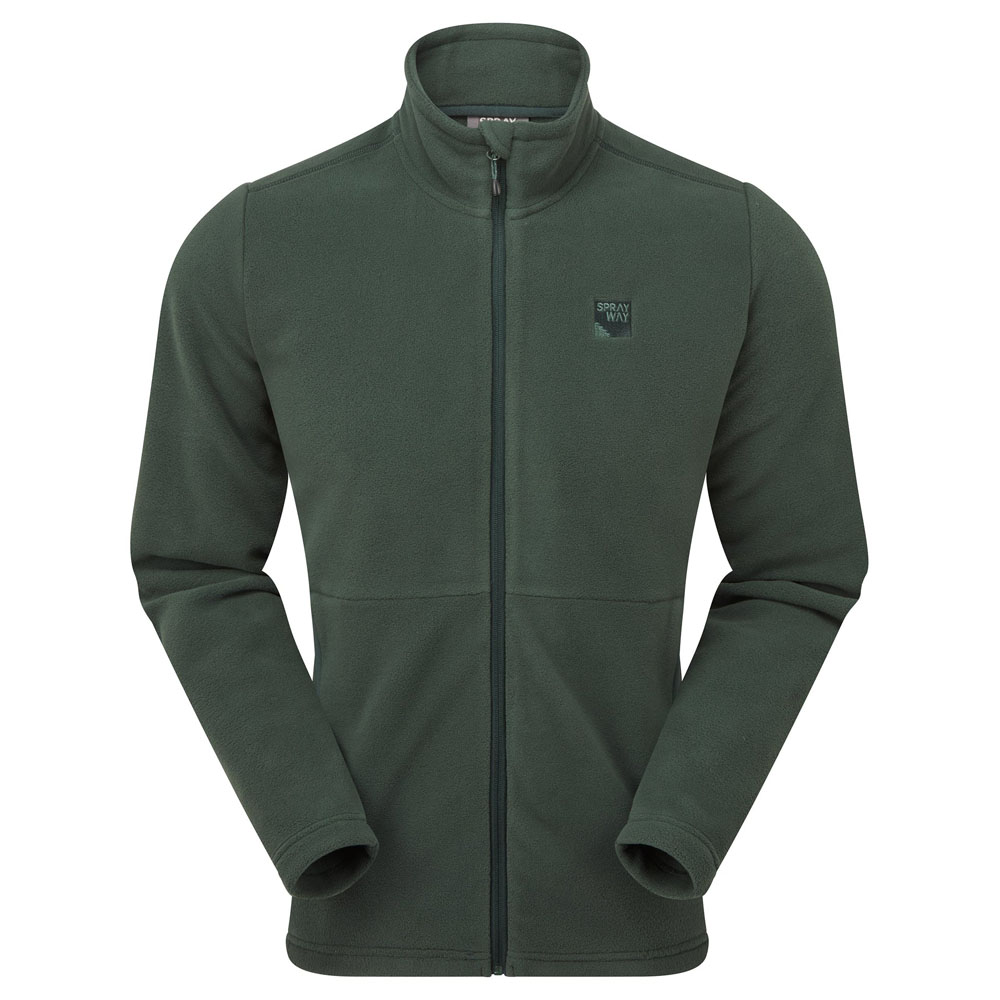 Sprayway Calver men’s fleece jacket in dark green, zip-up front with logo on chest, displayed on white background.
