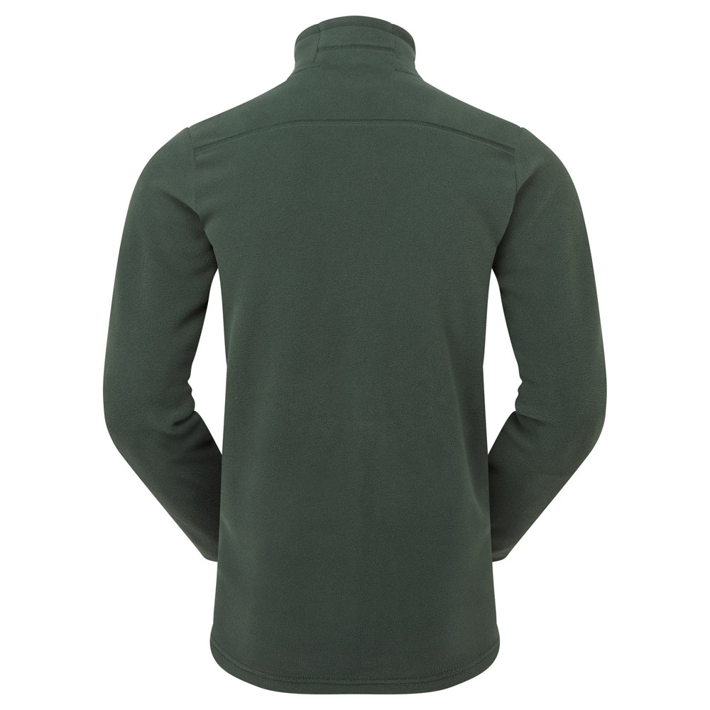 Back view of Sprayway Calver fleece jacket in green, long sleeves and straight hem, on white background.
