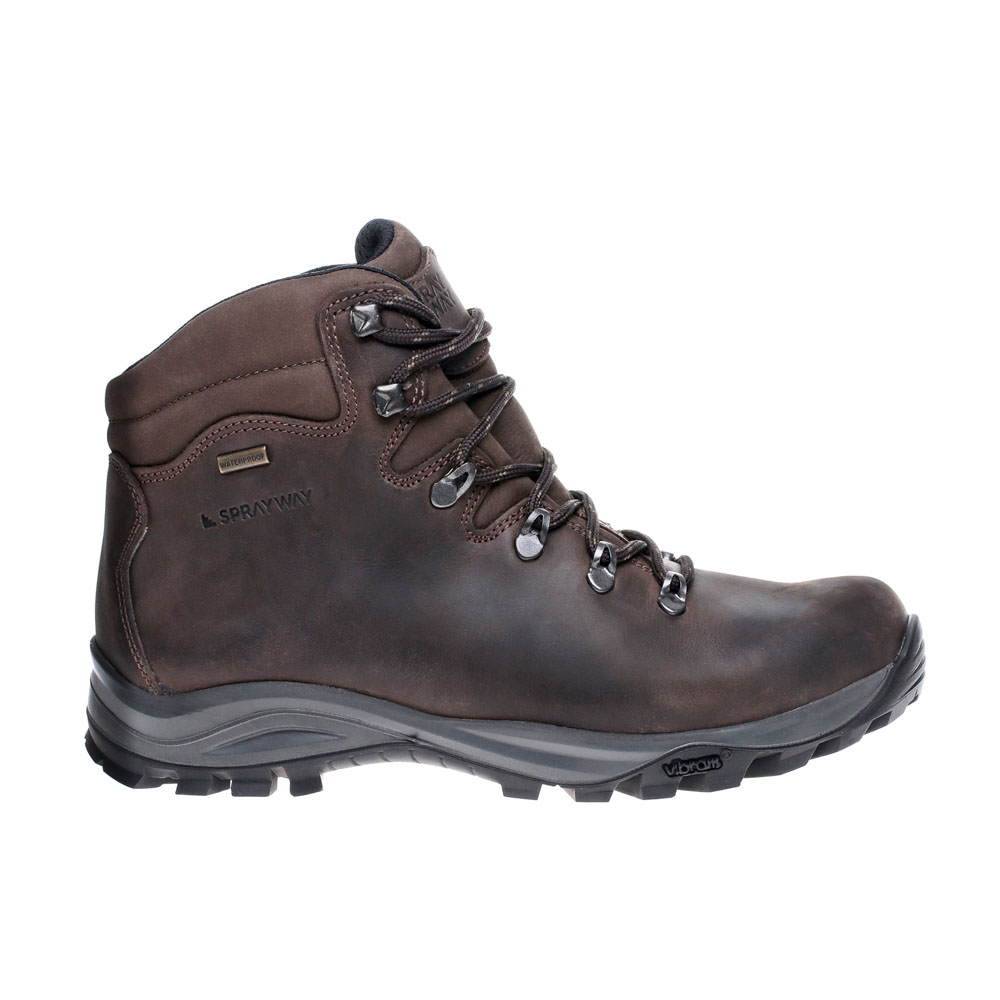 Dark brown full-grain leather hiking boot with waterproof HydroDRY lining, Vibram outsole, and secure lace-up hooks for rugged trail performance