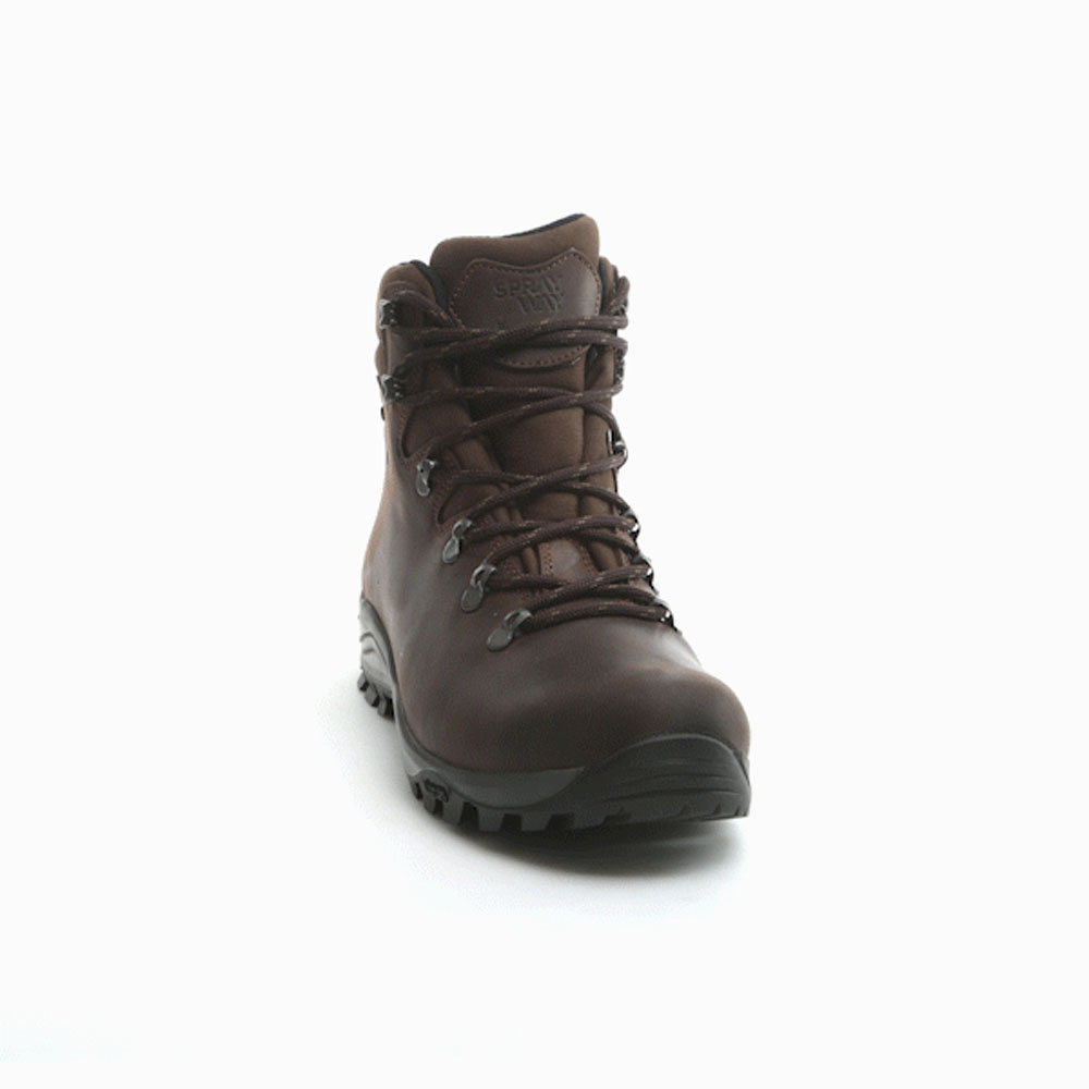 Dark brown full-grain leather hiking boot with waterproof HydroDRY lining, Vibram outsole, and secure lace-up hooks for rugged trail performance