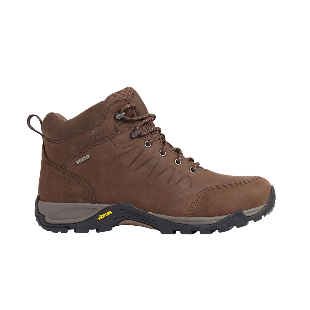 Brown mid-cut leather hiking boot with HydroDRY waterproof lining, durable Vibram sole, and supportive lace-up design for outdoor adventures