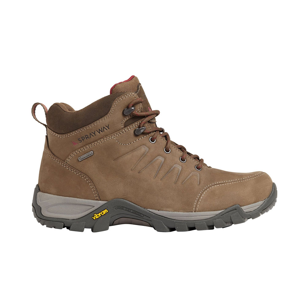 Durable brown mid-height hiking boot with rugged Vibram sole, waterproof Hydrodry lining, and secure lace system for all-terrain trekking