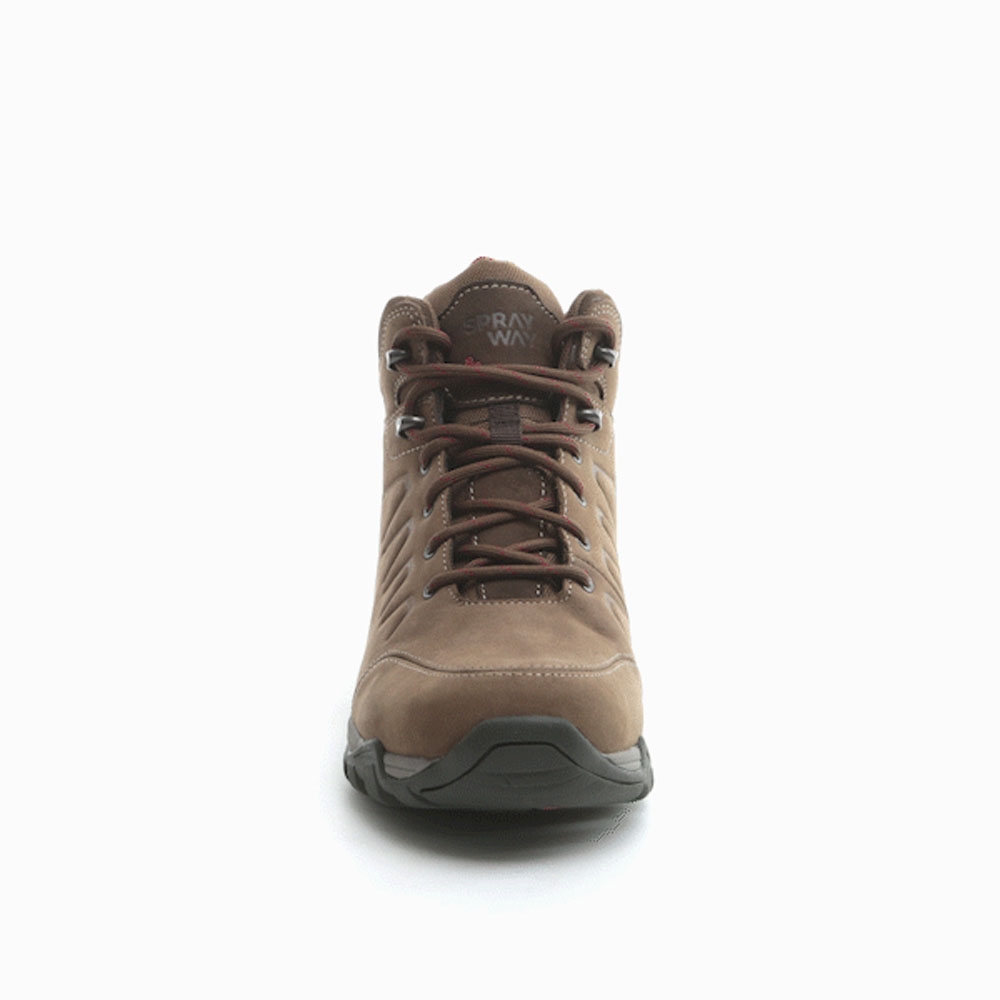 Durable brown mid-height hiking boot with rugged Vibram sole, waterproof Hydrodry lining, and secure lace system for all-terrain trekking