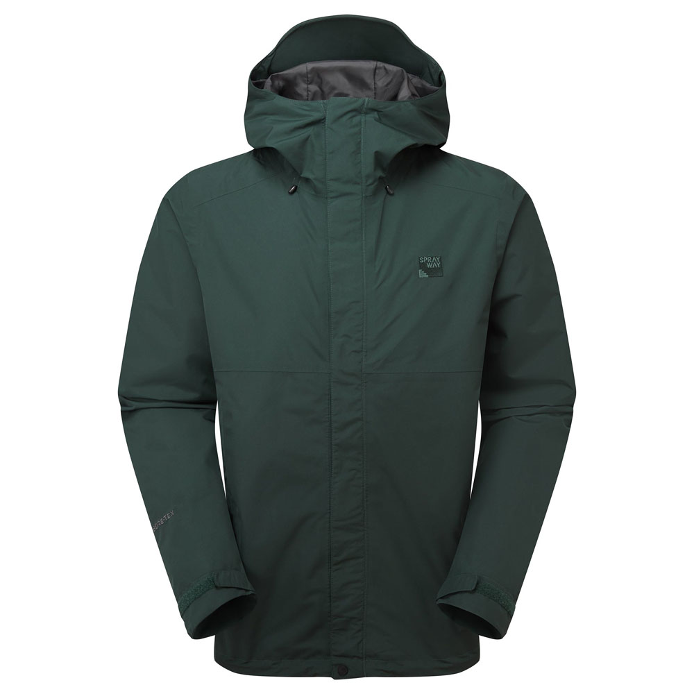 Sprayway Maxen men’s waterproof jacket shown from the front with hood up, in dark green color on white background.