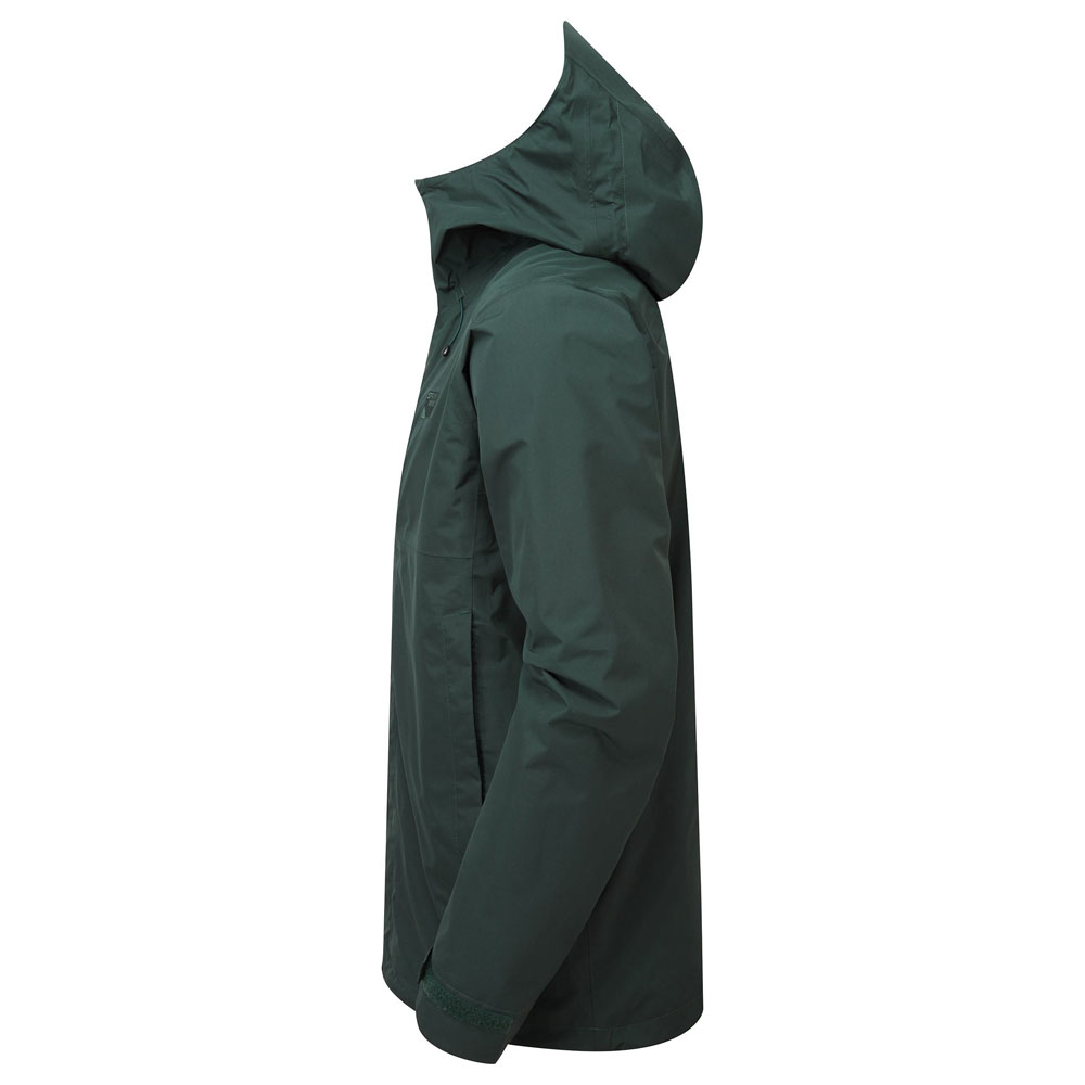 Sprayway Maxen men’s waterproof jacket shown from the front with hood up, in dark green color on white background.