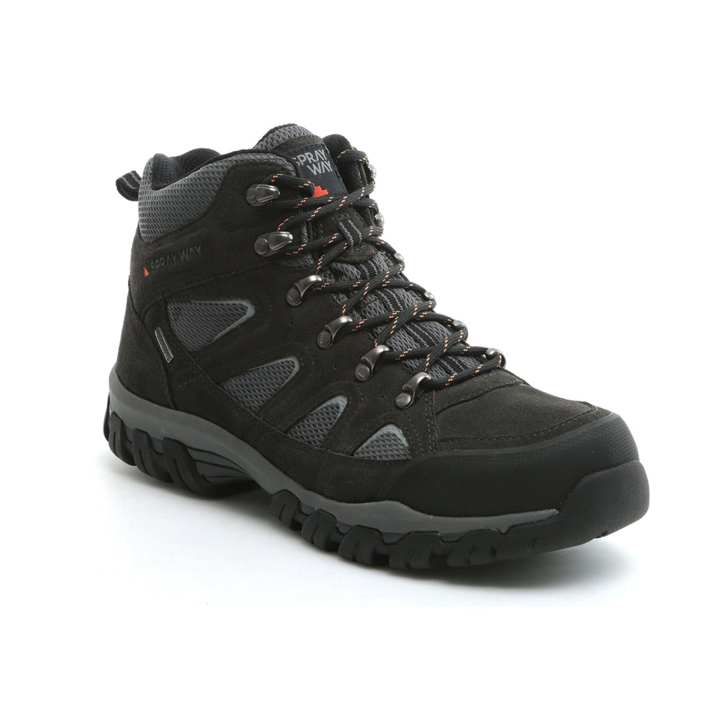 Mid-cut black and grey waterproof hiking shoe with breathable mesh panels, durable suede overlays, and secure lacing system for all-terrain comfort