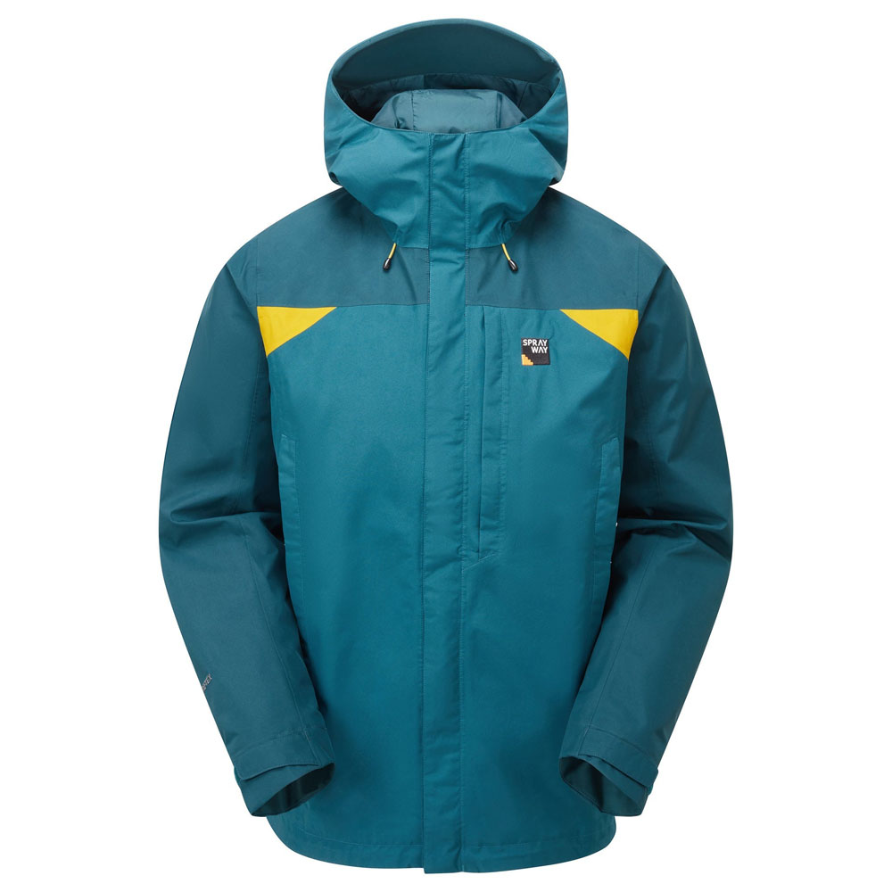 Front view of Sprayway Reaction Long Men’s waterproof jacket in teal with yellow chest accents and hood up on white background.