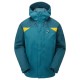 Front view of Sprayway Reaction Long Men’s waterproof jacket in teal with yellow chest accents and hood up on white background.