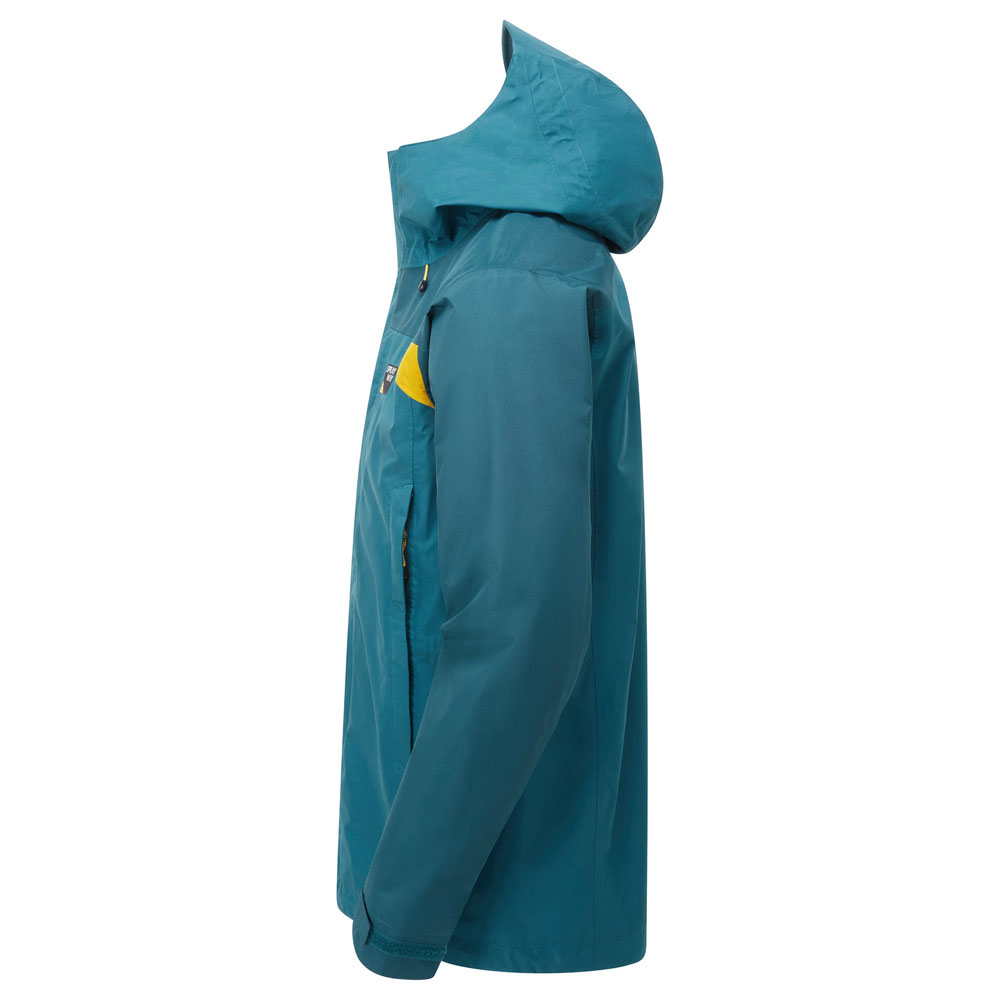 Side profile of Sprayway Reaction Long Men’s jacket showing hood, yellow chest panel, and zippered pocket.