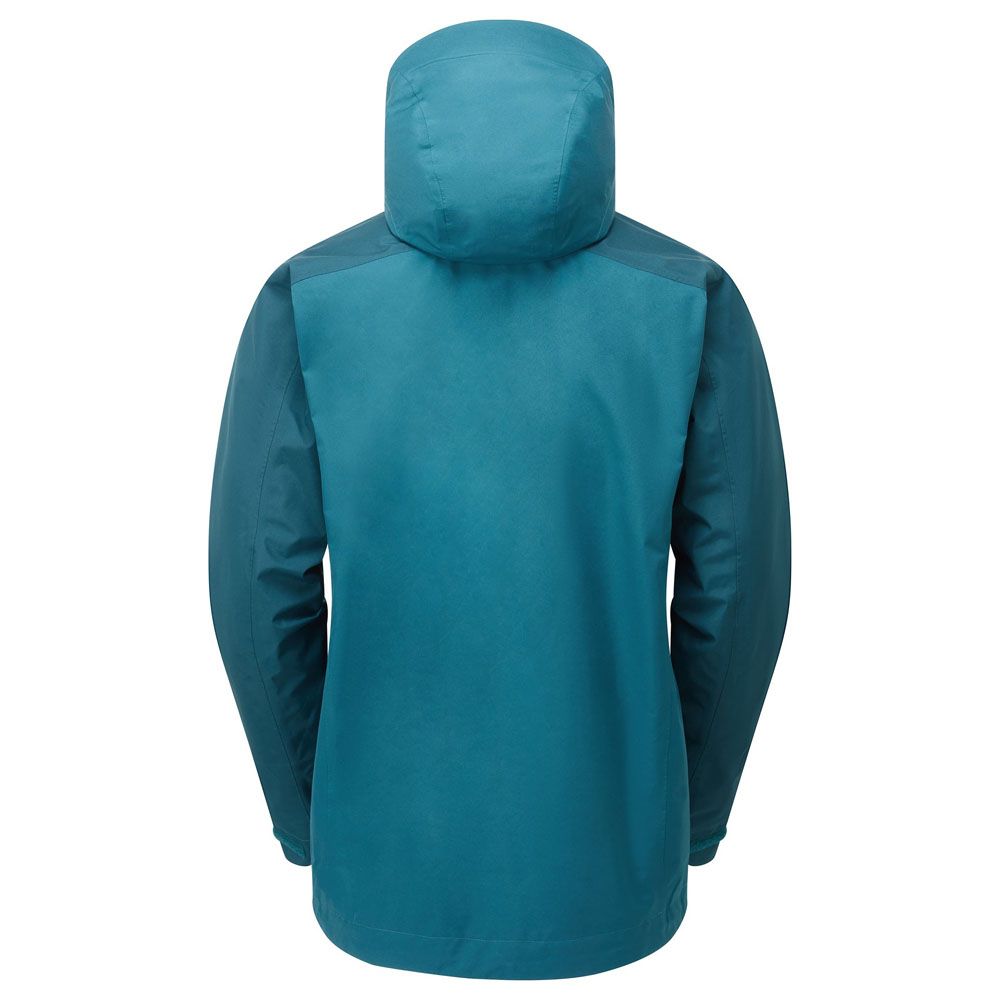 Rear view of Sprayway Reaction Long Men’s waterproof jacket in teal with raised hood against white background.