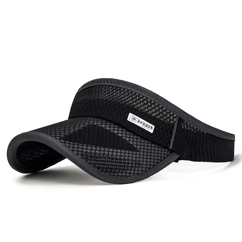 Breathable black mesh sports visor hat designed for sun protection and outdoor workouts.