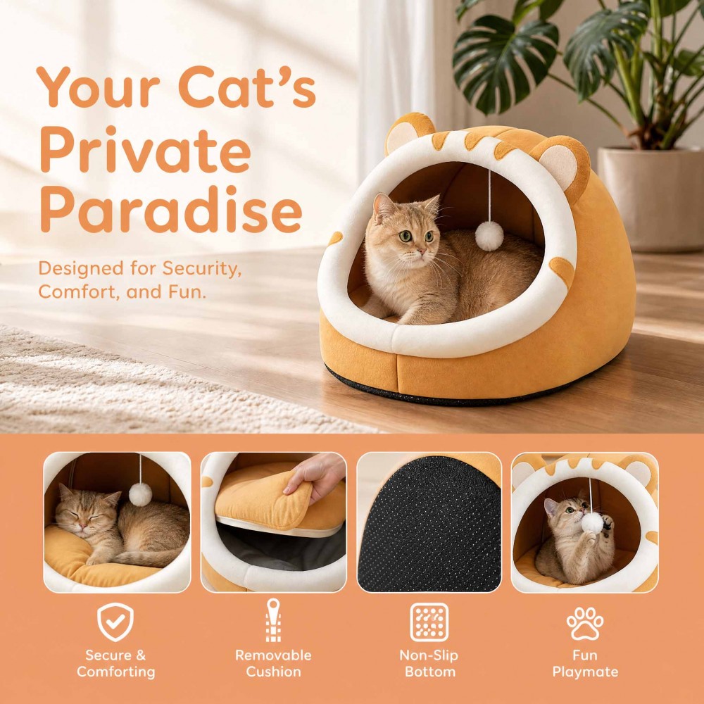 Super Warm Pet House Large warm enclosed cat bed and pet house with cushioned interior and hanging toy
