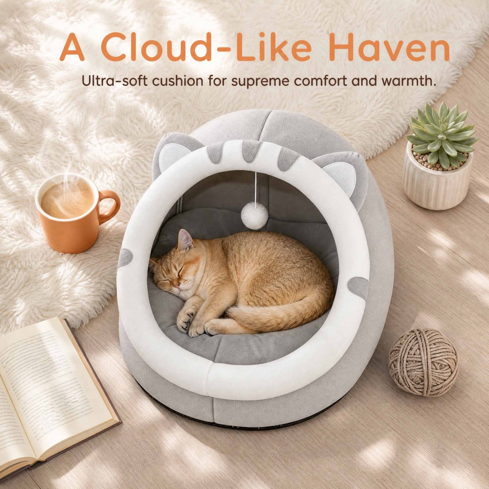 Super Warm Pet House Large warm enclosed cat bed and pet house with cushioned interior and hanging toy