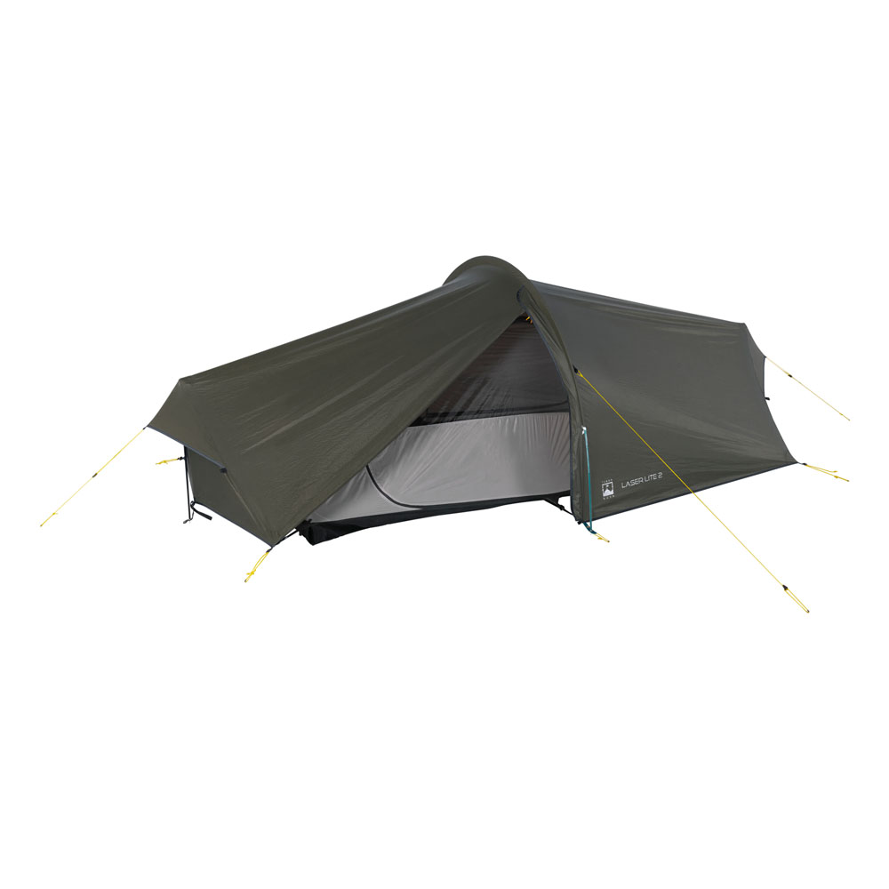 Terra Nova Laser Lite 2 tent set up with trekking poles, featuring the full tent body and guy lines on a white background.