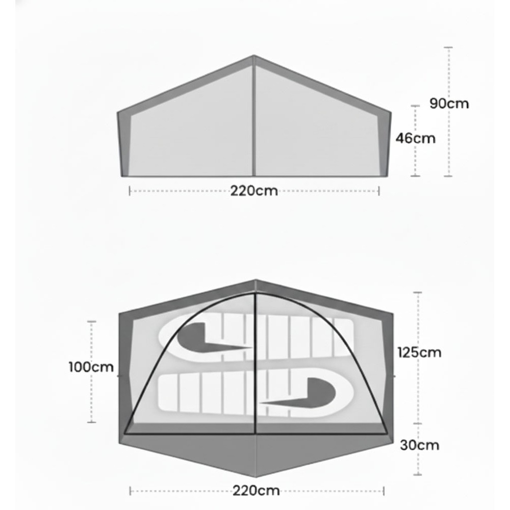 Technical diagram of the Terra Nova Laser Lite 2 tent showing internal and external dimensions from both side and top views, labeled in centimeters.