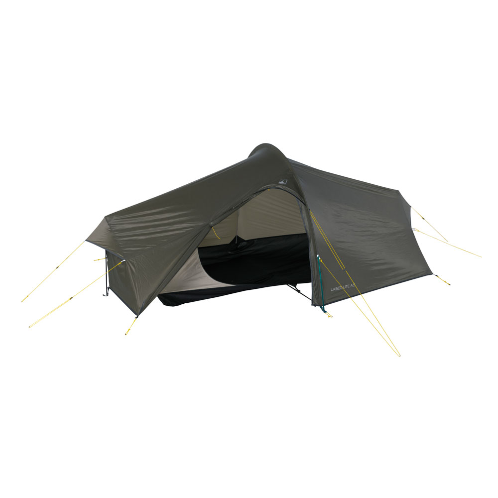Side view of the Terra Nova Laser Lite AS tent with entrance flap open, showing interior and guy lines.